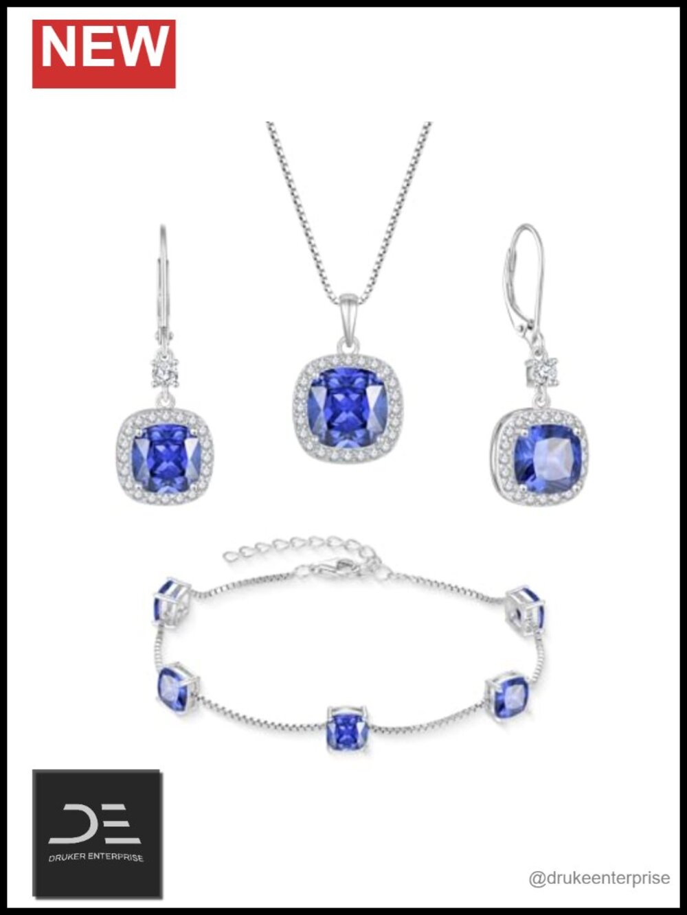 925 Sterling Silver Tanzanite Jewelry Set Princess Cut Earrings Necklace